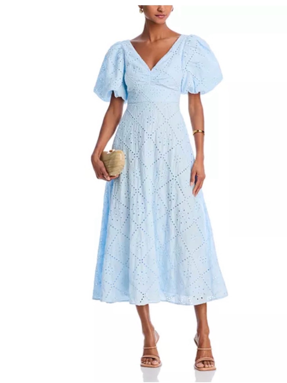 Aqua Powder Blue Eyelet V-Neck Puff-Sleeve Midi Dress
